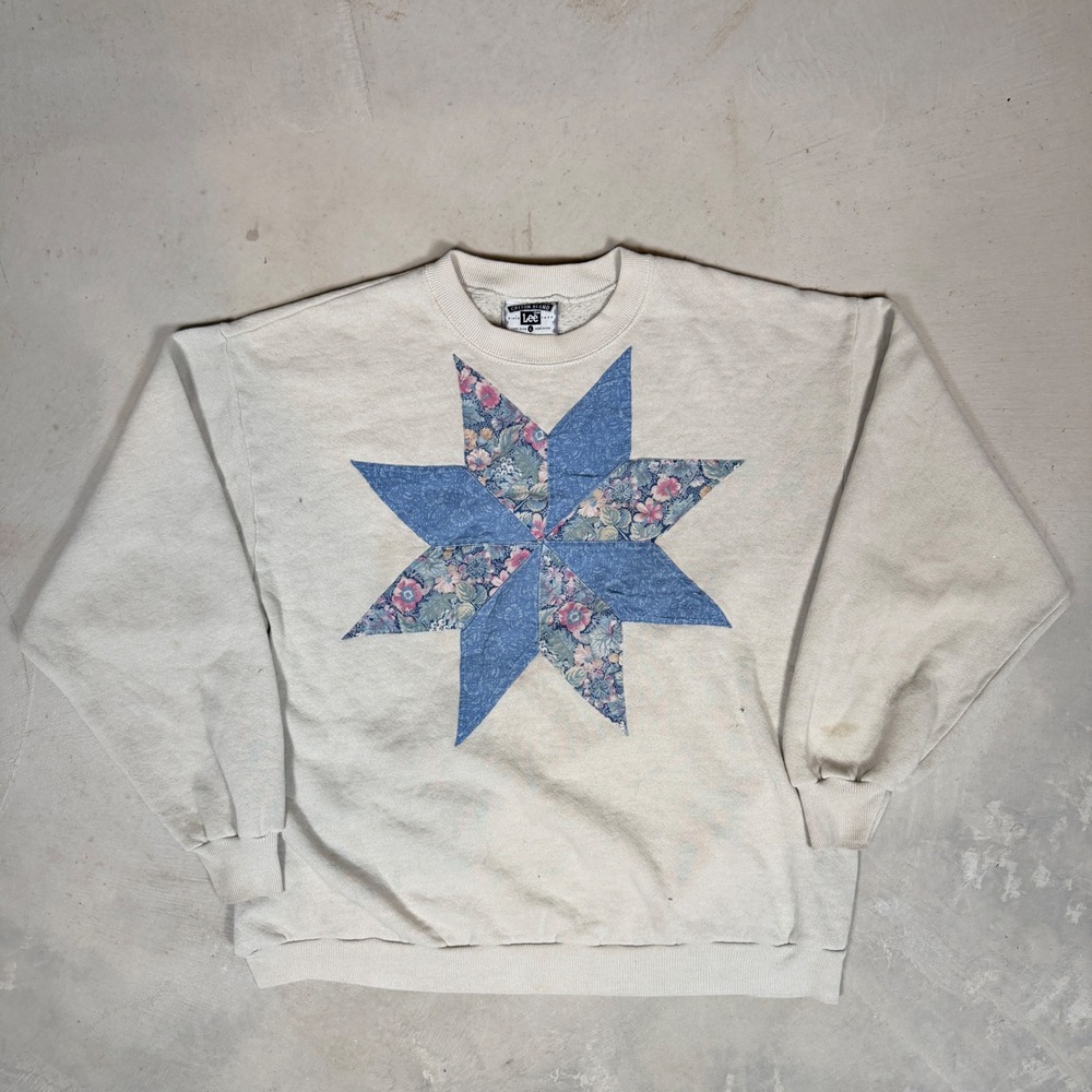 Vintage Lee Star Patchwork Sweatshirt Womens Large Oatmeal Floral Quilt 90s USA